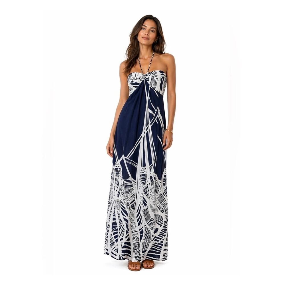 Ann Taylor Loft Maxi Summer Dress Halter Cotton Navy White Lined Women’s 8P